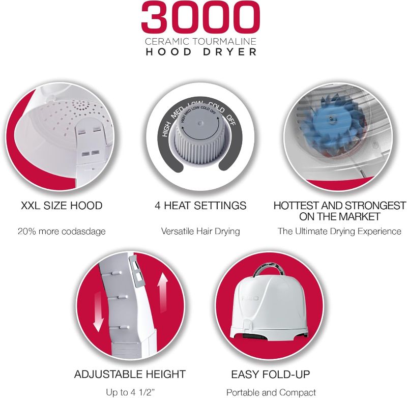 Photo 1 of Red by Kiss 3000 Ceramic Tourmaline Professional Hood Dryer, 4 Heat Settings Blow Dryer for Home & Salon, Height Adjustable Convenient Big Hood Size Extra Coverage (1875 Wattage)