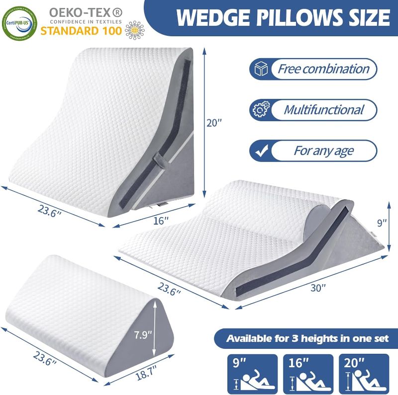 Photo 1 of 4Pcs Orthopedic Bed Wedge Pillow Set with 4Pcs Replacement Pillowcase, Incline Wedge Pillow for Back Pain Relief/Sleeping/Snoring/Post Surgery/Leg Elevation 20-in-1 Adjustable Memory Foam Wedge Pillow