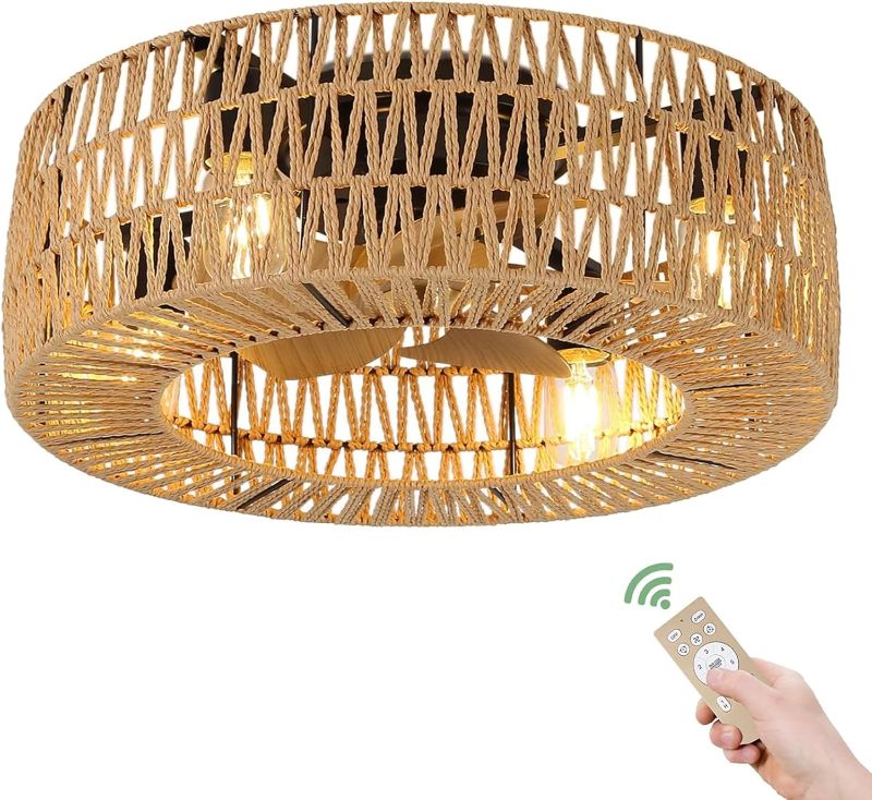 Photo 1 of Boho Caged Ceiling Fans with Lights and Remote, 18" Woven Rattan Ceiling Fan with Light, 6 Speeds Reversible Flush Mount Caged Ceiling Fan for Bedroom Farmhouse Kitchen