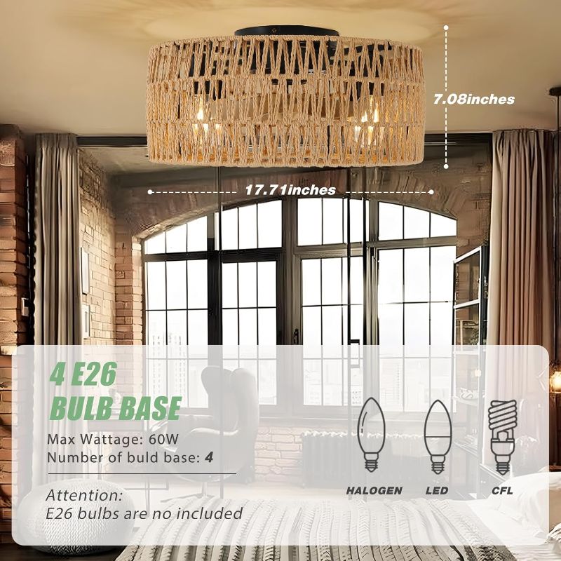 Photo 1 of Boho Caged Ceiling Fans with Lights and Remote, 18" Woven Rattan Ceiling Fan with Light, 6 Speeds Reversible Flush Mount Caged Ceiling Fan for Bedroom Farmhouse Kitchen