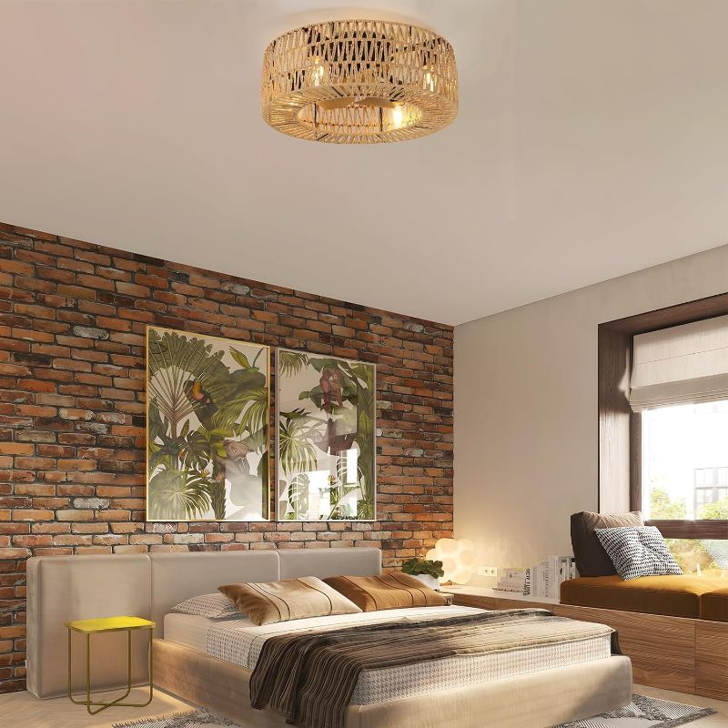 Photo 1 of Boho Caged Ceiling Fans with Lights and Remote, 18" Woven Rattan Ceiling Fan with Light, 6 Speeds Reversible Flush Mount Caged Ceiling Fan for Bedroom Farmhouse Kitchen
