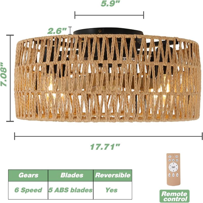 Photo 1 of Boho Caged Ceiling Fans with Lights and Remote, 18" Woven Rattan Ceiling Fan with Light, 6 Speeds Reversible Flush Mount Caged Ceiling Fan for Bedroom Farmhouse Kitchen