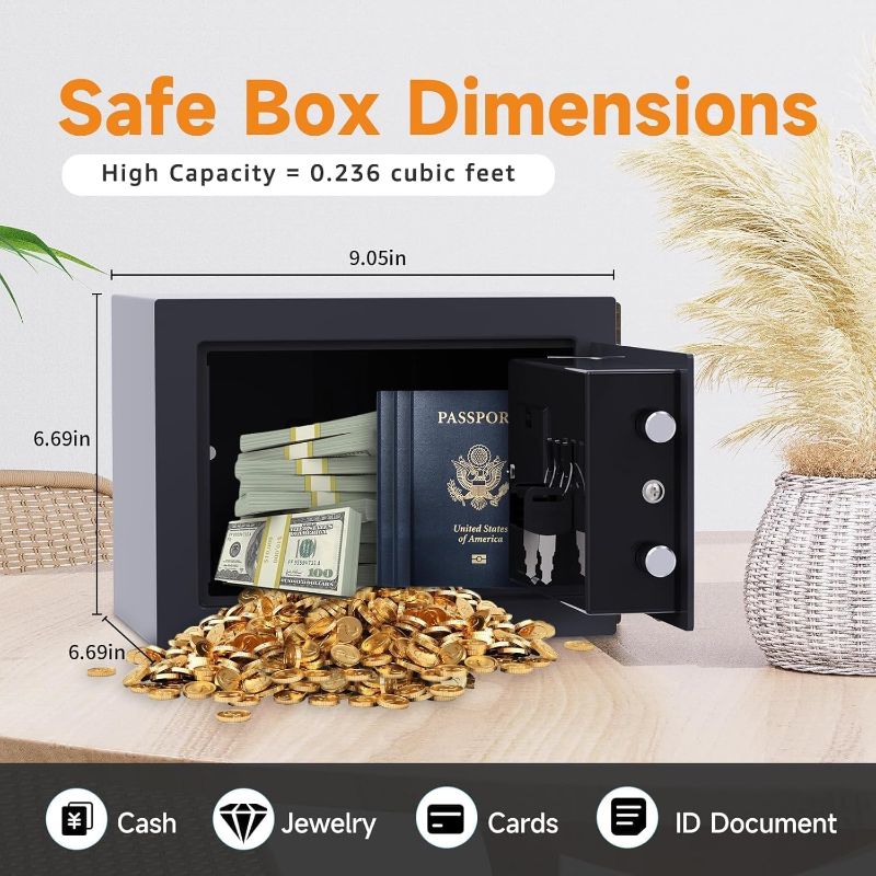 Photo 1 of PATRON Small Safe Box for Money with Code and Keys?Solid Mini Safe for Kids with Digital Electronic Security Keypad for Home Office Hotel,Personal Money Safes for Cash,0.236 Cuft (Black)