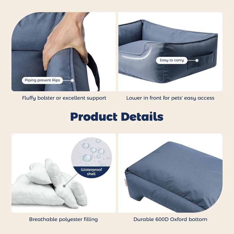 Photo 1 of Miguel Waterproof Outdoor Dog Bed for Medium Small Dogs, Oxford Pet Bed Tough with Sides Easy Clean, All Weather Rectangle Puppy Bed with Removable Cover Bolster Bed Scratch Resistant, 30 inches