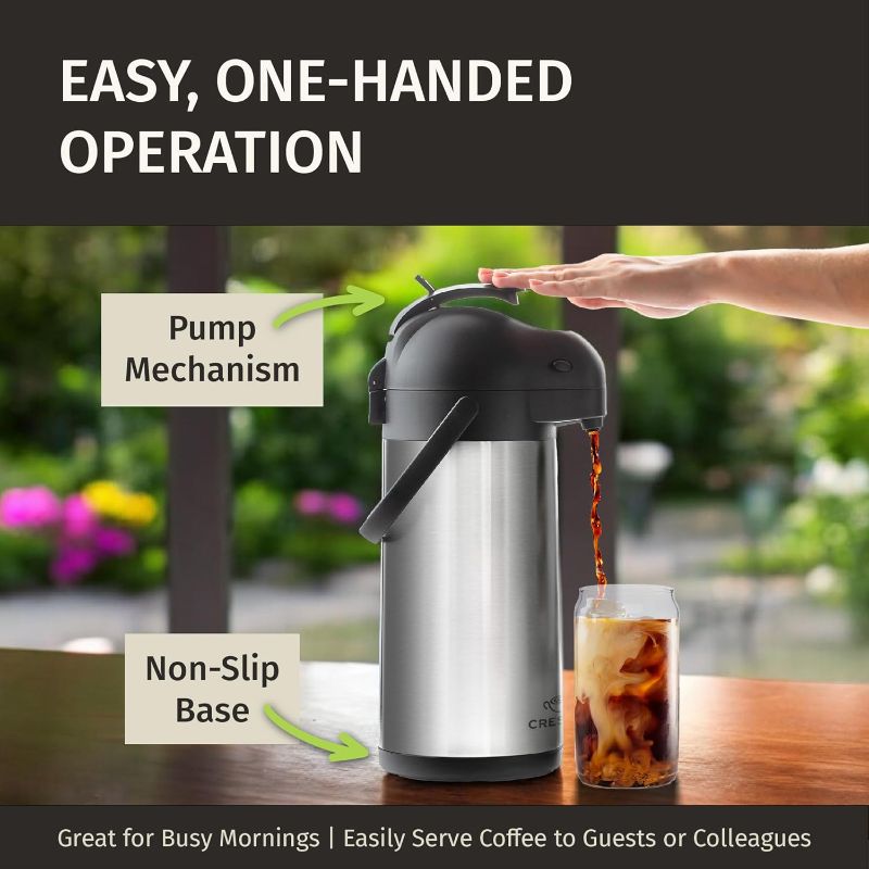 Photo 1 of Cresimo Coffee Carafe with Pump - 102oz / 3L Airpot 12 Hours Large Hot Water Carafe, Cocoa Dispenser for Parties - Tea Flask, Insulated Stainless Steel Air Pots for Hot Beverage Dispenser -Coffee Pump