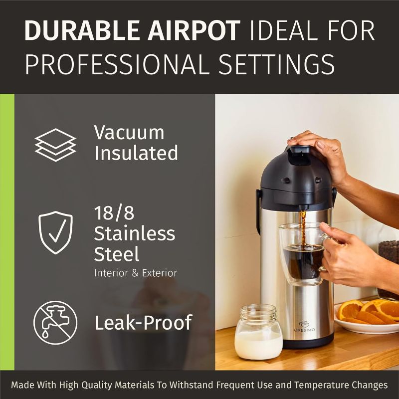 Photo 1 of Cresimo Coffee Carafe with Pump - 102oz / 3L Airpot 12 Hours Large Hot Water Carafe, Cocoa Dispenser for Parties - Tea Flask, Insulated Stainless Steel Air Pots for Hot Beverage Dispenser -Coffee Pump
