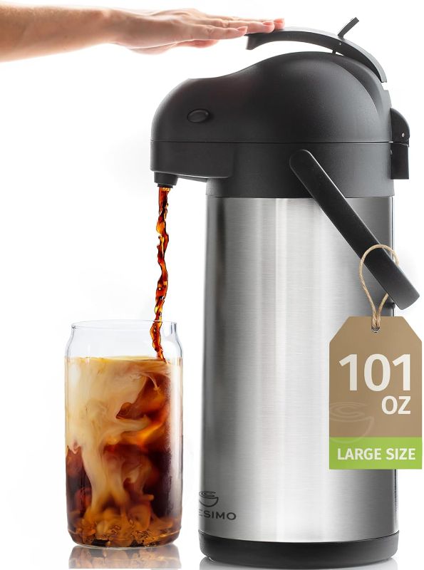 Photo 1 of Cresimo Coffee Carafe with Pump - 102oz / 3L Airpot 12 Hours Large Hot Water Carafe, Cocoa Dispenser for Parties - Tea Flask, Insulated Stainless Steel Air Pots for Hot Beverage Dispenser -Coffee Pump