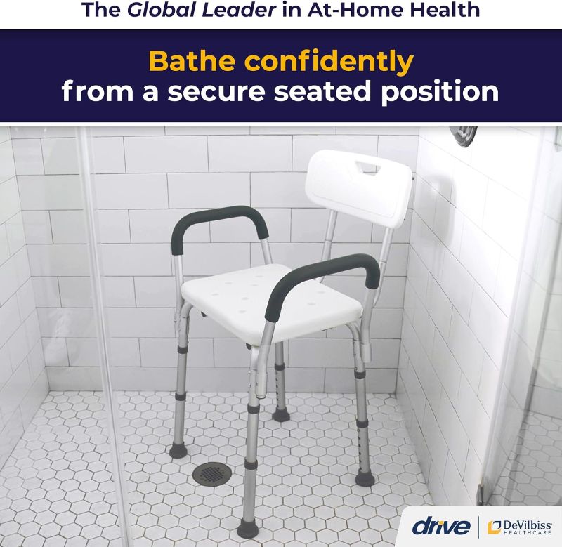 Photo 1 of Drive Medical 12445KD-1 Shower Chair with Back and Padded Arms, Adjustable Height Bath Stool with Nonslip Feet, Tub Chair for Elderly, Bath Seat with Back, 350 LB Weight Cap, White