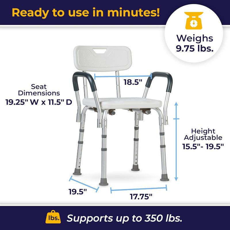 Photo 1 of Drive Medical 12445KD-1 Shower Chair with Back and Padded Arms, Adjustable Height Bath Stool with Nonslip Feet, Tub Chair for Elderly, Bath Seat with Back, 350 LB Weight Cap, White