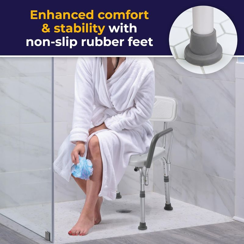 Photo 1 of Drive Medical 12445KD-1 Shower Chair with Back and Padded Arms, Adjustable Height Bath Stool with Nonslip Feet, Tub Chair for Elderly, Bath Seat with Back, 350 LB Weight Cap, White
