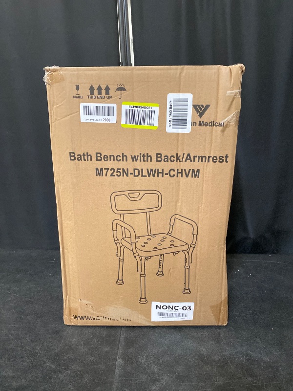 Photo 1 of Drive Medical 12445KD-1 Shower Chair with Back and Padded Arms, Adjustable Height Bath Stool with Nonslip Feet, Tub Chair for Elderly, Bath Seat with Back, 350 LB Weight Cap, White
