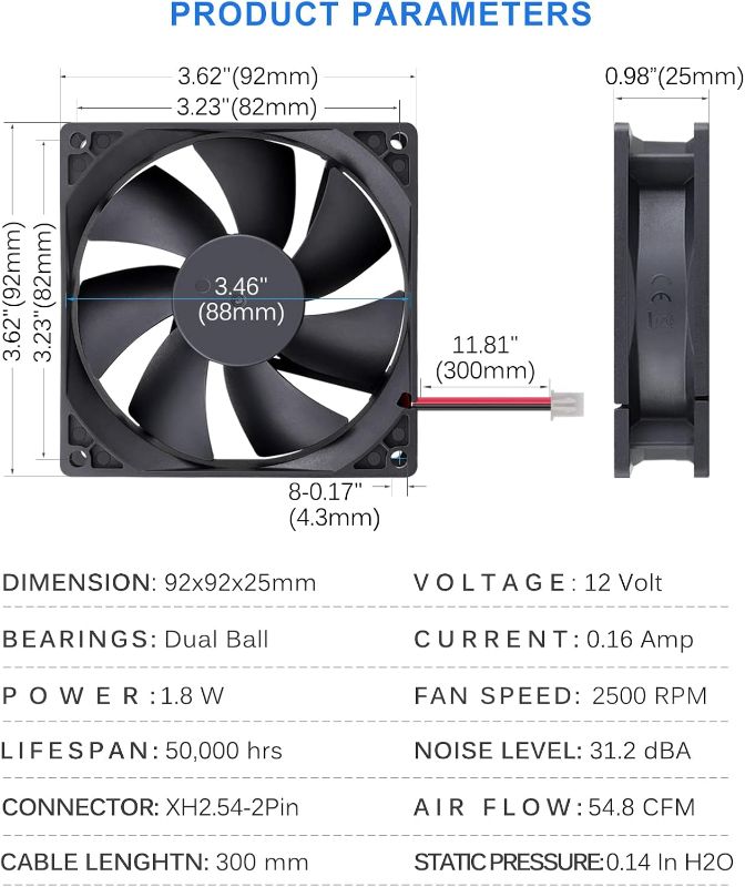 Photo 1 of GDSTIME 92mm x 92mm x 25mm 12V Dual Ball Bearings Brushless Cooling Fan for Desktops, Laptops, Servers, Switches with air tunnel.