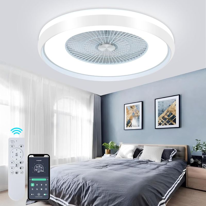 Photo 1 of 24" Low Profile Ceiling Fan with Light, Bladeless, Flush Mount with Remote & App Control, 6 Speeds, Timing Reversible, Enclosed for 3-Dimmable Light