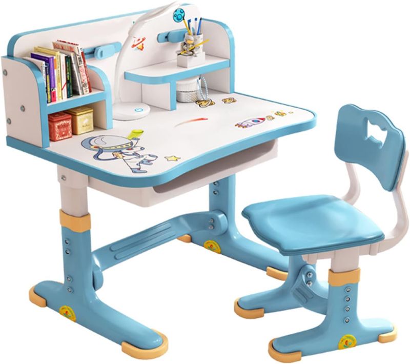Photo 1 of Small Desk, Standing Desk, Desk Chair Set, Widened Desktop Multi Separation Cartoon Pattern Desk Chair Set Kids Adjustable Height Study Table with Drawer Chair Set (Blue)