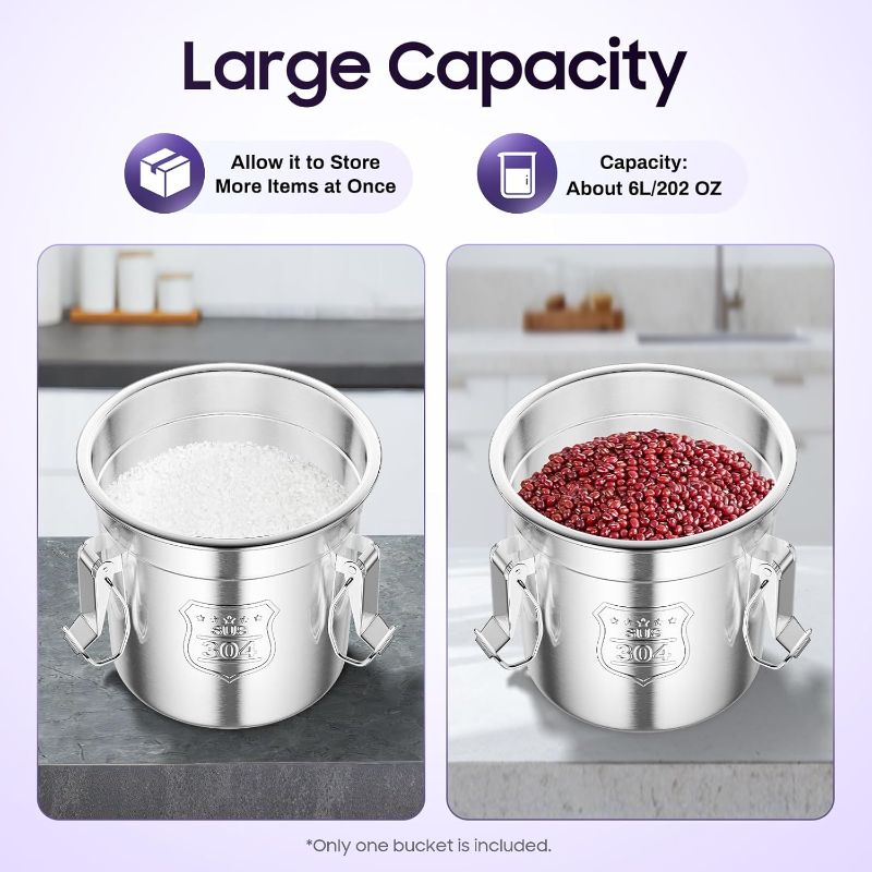 Photo 1 of 6L/1.31gal Stainless Steel Airtight Canister, 304 Stainless Steel Food Storage Canisters with Airtight Lid&Locking Clamp, Metal Kitchen Rice Milk Storage Bucket