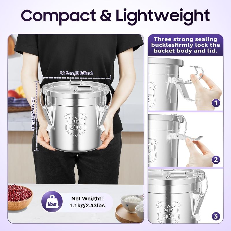 Photo 1 of 6L/1.31gal Stainless Steel Airtight Canister, 304 Stainless Steel Food Storage Canisters with Airtight Lid&Locking Clamp, Metal Kitchen Rice Milk Storage Bucket