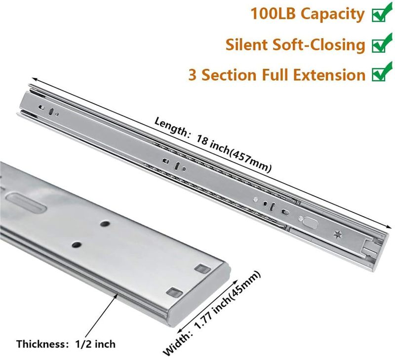 Photo 1 of LONTAN 2 Pairs 18 Inch Soft Close Drawer Slides 3 FOLD Full Extension Dresser Drawer Glides Side Mount Heavy Duty Cabinet Rails 100 LB Load Capacity