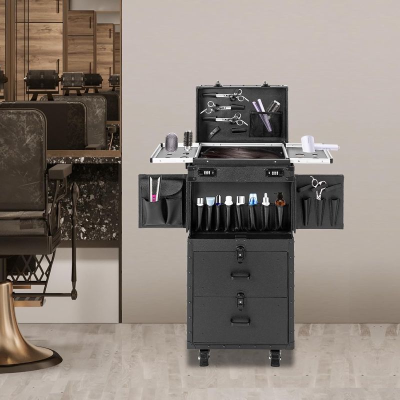 Photo 1 of Rolling Makeup Case Large Storage Cosmetic Trolley, Rolling Lockable Makeup Train Case, Stylist Beauty Salon Cosmetic Luggage Travel Organizer Tool Box with Hair Dryer Holder (Black)