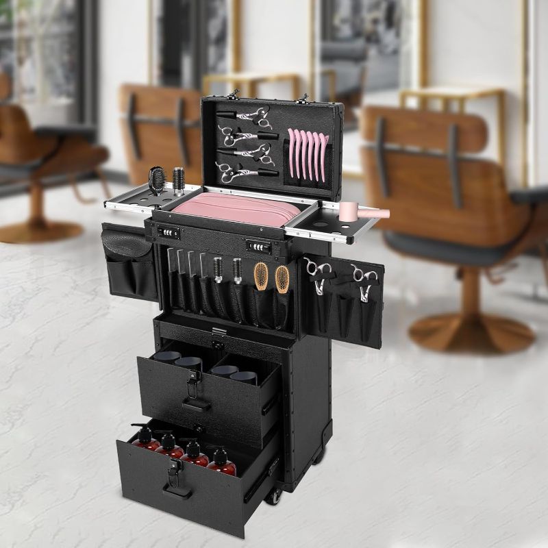 Photo 1 of Rolling Makeup Case Large Storage Cosmetic Trolley, Rolling Lockable Makeup Train Case, Stylist Beauty Salon Cosmetic Luggage Travel Organizer Tool Box with Hair Dryer Holder (Black)