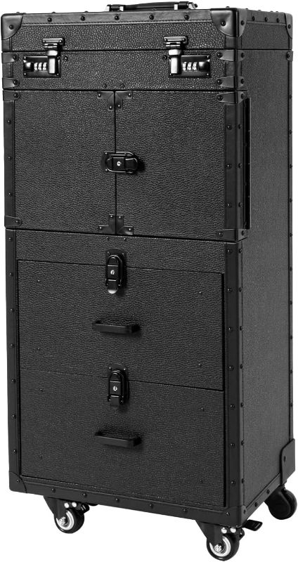 Photo 1 of Rolling Makeup Case Large Storage Cosmetic Trolley, Rolling Lockable Makeup Train Case, Stylist Beauty Salon Cosmetic Luggage Travel Organizer Tool Box with Hair Dryer Holder (Black)