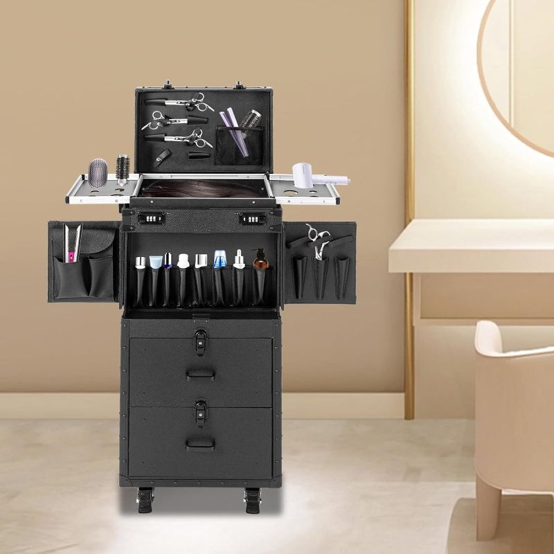 Photo 1 of Rolling Makeup Case Large Storage Cosmetic Trolley, Rolling Lockable Makeup Train Case, Stylist Beauty Salon Cosmetic Luggage Travel Organizer Tool Box with Hair Dryer Holder (Black)