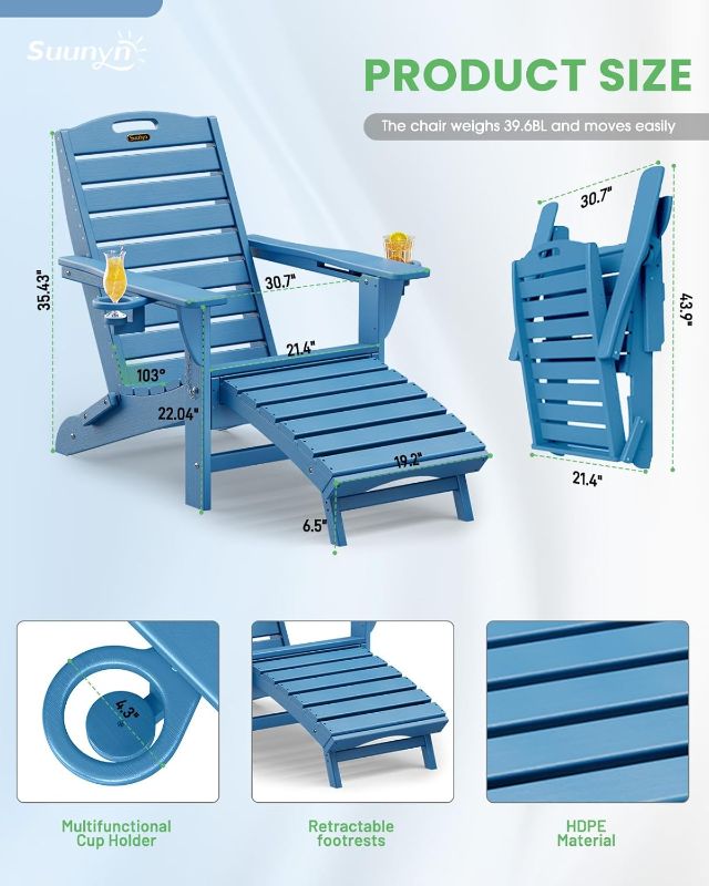 Photo 1 of Folding Adirondack Chair with Retractable Ottoman Weather Resistant Fire Pit Chair Patio Chair with 2 Cup Holder Lawn Outdoor Lounge Chair (Navy Blue)