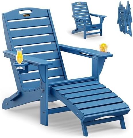 Photo 1 of Folding Adirondack Chair with Retractable Ottoman Weather Resistant Fire Pit Chair Patio Chair with 2 Cup Holder Lawn Outdoor Lounge Chair (Navy Blue)