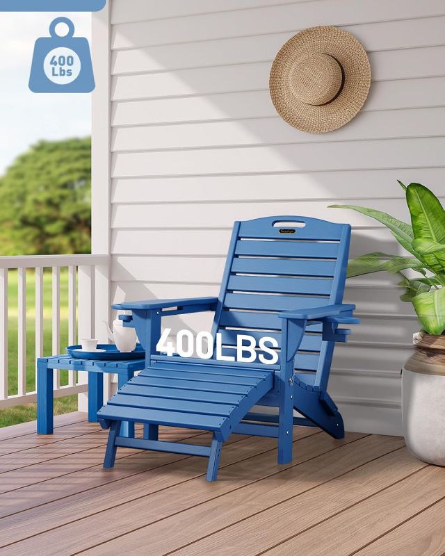 Photo 1 of Folding Adirondack Chair with Retractable Ottoman Weather Resistant Fire Pit Chair Patio Chair with 2 Cup Holder Lawn Outdoor Lounge Chair (Navy Blue)