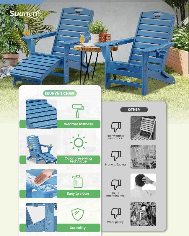 Photo 1 of Folding Adirondack Chair with Retractable Ottoman Weather Resistant Fire Pit Chair Patio Chair with 2 Cup Holder Lawn Outdoor Lounge Chair (Navy Blue)