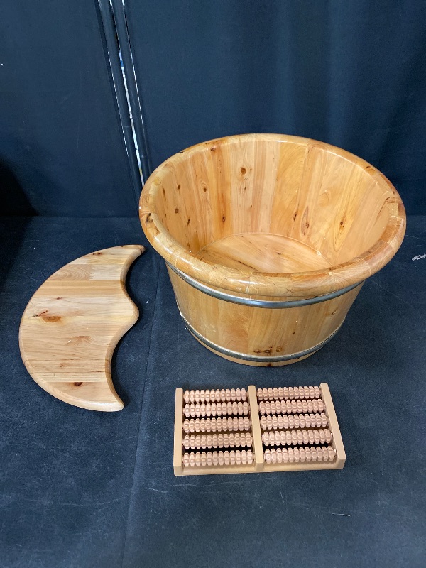 Photo 1 of 9.84In Tall Foot Basin Wooden Bucket with Lid and Massage Roller, Pedicure Barrel for Home Office, Foot Baths Wood Foot Tub Foot Bath Massage Plus Cover for Baths Relaxing, 15.75in*12.2in*9.84in
