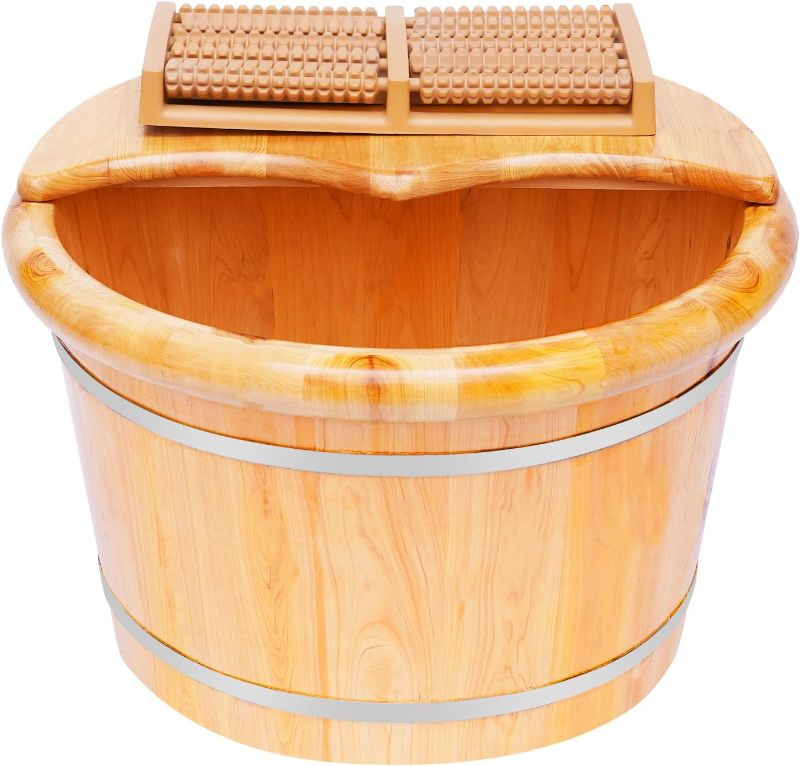 Photo 1 of 9.84In Tall Foot Basin Wooden Bucket with Lid and Massage Roller, Pedicure Barrel for Home Office, Foot Baths Wood Foot Tub Foot Bath Massage Plus Cover for Baths Relaxing, 15.75in*12.2in*9.84in