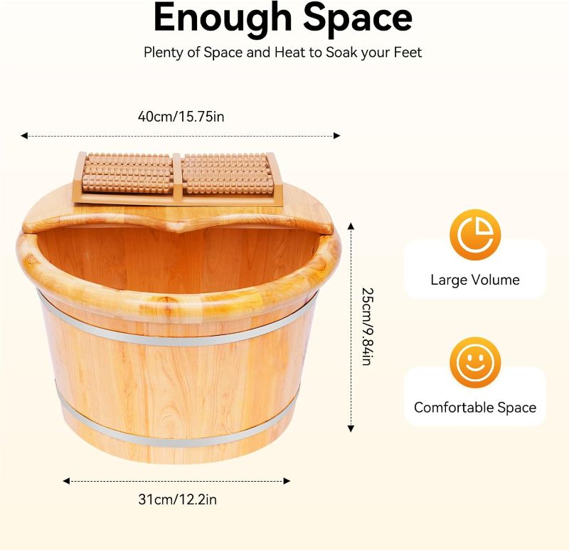 Photo 1 of 9.84In Tall Foot Basin Wooden Bucket with Lid and Massage Roller, Pedicure Barrel for Home Office, Foot Baths Wood Foot Tub Foot Bath Massage Plus Cover for Baths Relaxing, 15.75in*12.2in*9.84in