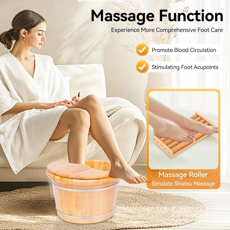 Photo 1 of 9.84In Tall Foot Basin Wooden Bucket with Lid and Massage Roller, Pedicure Barrel for Home Office, Foot Baths Wood Foot Tub Foot Bath Massage Plus Cover for Baths Relaxing, 15.75in*12.2in*9.84in