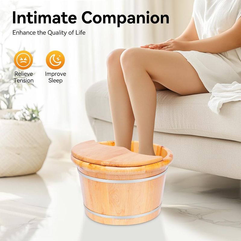 Photo 1 of 9.84In Tall Foot Basin Wooden Bucket with Lid and Massage Roller, Pedicure Barrel for Home Office, Foot Baths Wood Foot Tub Foot Bath Massage Plus Cover for Baths Relaxing, 15.75in*12.2in*9.84in