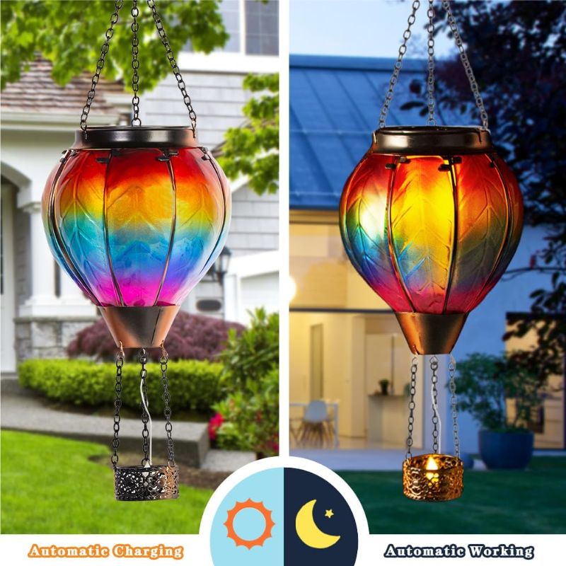 Photo 1 of Starsoul Hot Air Balloon Solar Lantern with Candle Holder Solar Hot Air Balloon Flickering Flame Hanging Garden Light Waterproof Glass Hot Air Balloon Solar Lamp Decorative for Lawn Porch Tree Yard