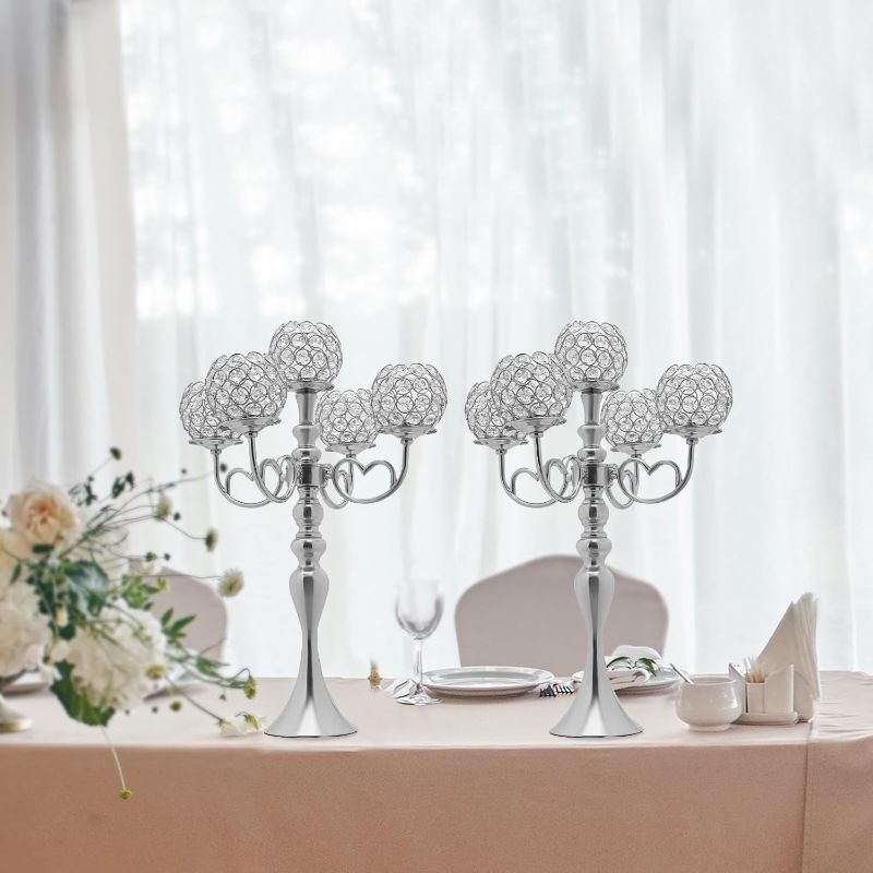 Photo 1 of 2Pcs Crystal Candle Holders, 5 Arm Crystal Candlestick Holders Silver Centerpiece Table Decorations Coffee Table Decorative Centerpieces for Living Room Dinning Room