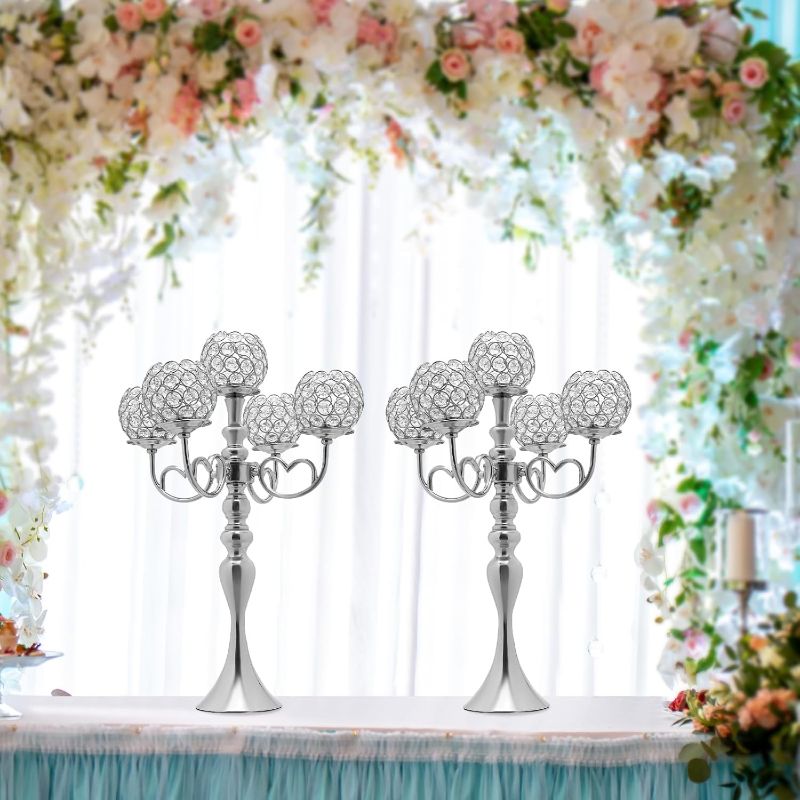 Photo 1 of 2Pcs Crystal Candle Holders, 5 Arm Crystal Candlestick Holders Silver Centerpiece Table Decorations Coffee Table Decorative Centerpieces for Living Room Dinning Room