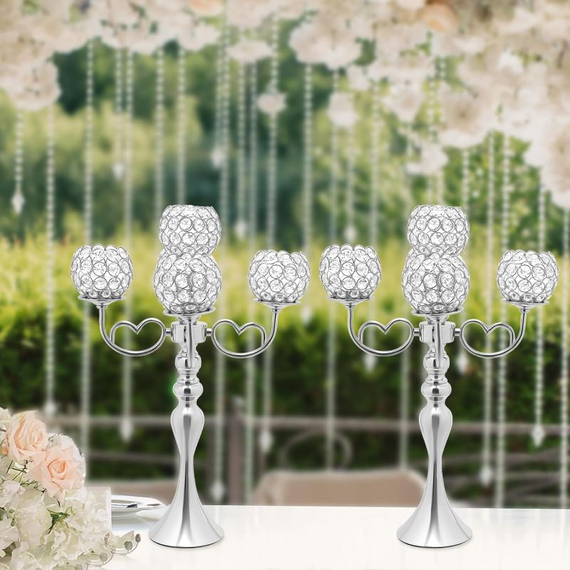 Photo 1 of 2Pcs Crystal Candle Holders, 5 Arm Crystal Candlestick Holders Silver Centerpiece Table Decorations Coffee Table Decorative Centerpieces for Living Room Dinning Room