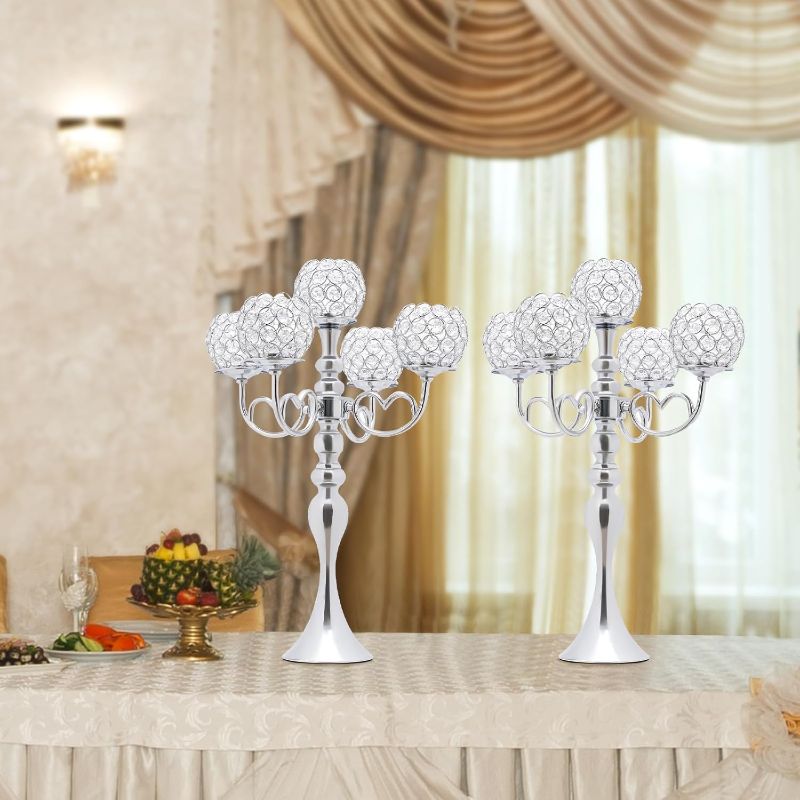 Photo 1 of 2Pcs Crystal Candle Holders, 5 Arm Crystal Candlestick Holders Silver Centerpiece Table Decorations Coffee Table Decorative Centerpieces for Living Room Dinning Room