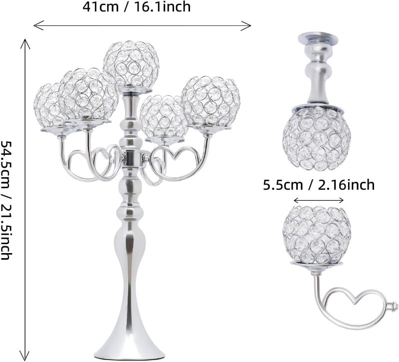 Photo 1 of 2Pcs Crystal Candle Holders, 5 Arm Crystal Candlestick Holders Silver Centerpiece Table Decorations Coffee Table Decorative Centerpieces for Living Room Dinning Room