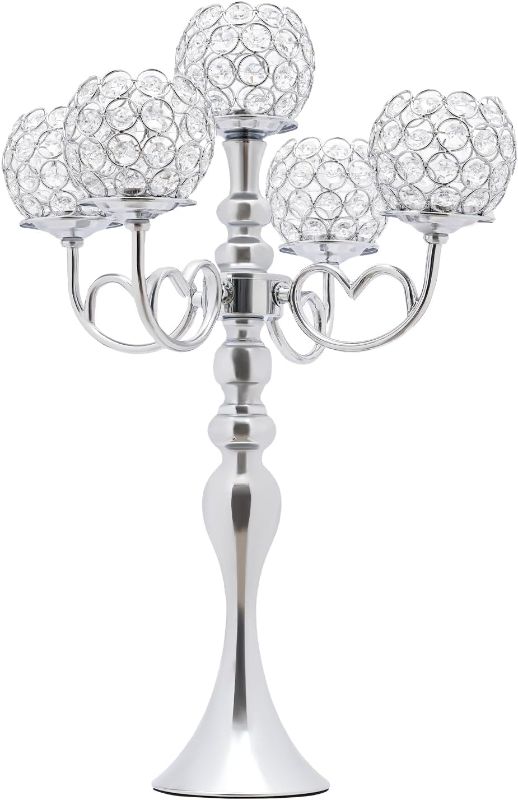Photo 1 of 1Pcs Crystal Candle Holders, 5 Arm Crystal Candlestick Holders Silver Centerpiece Table Decorations Coffee Table Decorative Centerpieces for Living Room Dinning Room