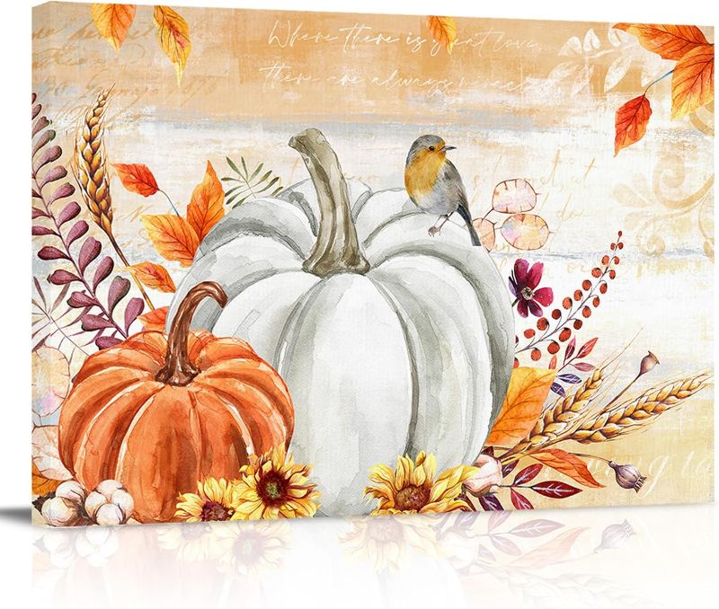 Photo 1 of Thanksgiving Canvas Prints Wall Art Fall Maple Leaf Pumpkin Framed Picture, Vintage Stamp Letter Painted Artwork Oil Painting for Home Bedroom Living Room Decor 24x16in