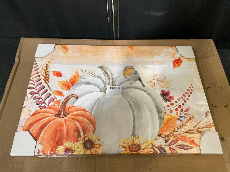 Photo 1 of Thanksgiving Canvas Prints Wall Art Fall Maple Leaf Pumpkin Framed Picture, Vintage Stamp Letter Painted Artwork Oil Painting for Home Bedroom Living Room Decor 24x16in