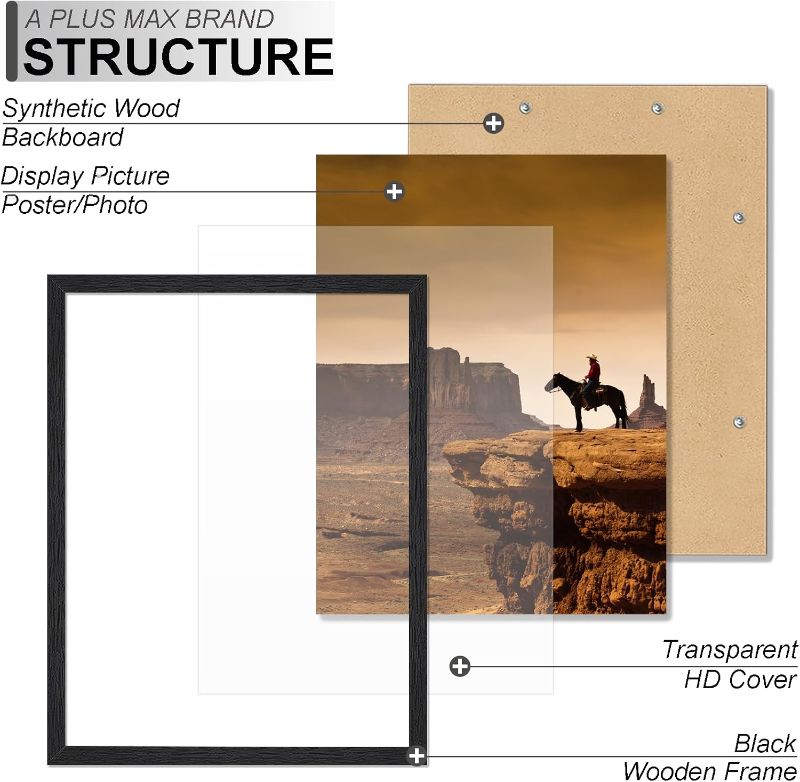 Photo 1 of A PLUS MAX 20x28 Picture Frame, Black Engineered Wood Frame for 20 x 28 Inch Picture Poster Photo, Light Weight 20 by 28 Frame with Wood-grain for Wall - 1 Pack/Black/20 x28