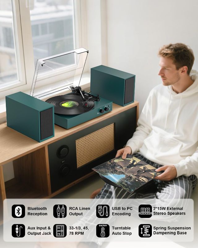 Photo 1 of Record Player with Speakers and USB Encoding, Belt Driven Bluetooth Vintage Vinyl LP Turntable with 20W Power External Speakers, 3 Speed 3 Size, Auto Stop, Dust Cover, RCA/AUX, Green
