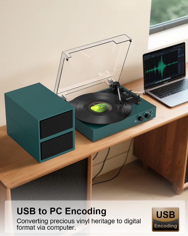 Photo 1 of Record Player with Speakers and USB Encoding, Belt Driven Bluetooth Vintage Vinyl LP Turntable with 20W Power External Speakers, 3 Speed 3 Size, Auto Stop, Dust Cover, RCA/AUX, Green