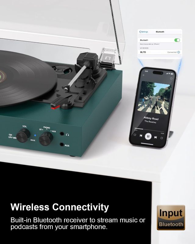 Photo 1 of Record Player with Speakers and USB Encoding, Belt Driven Bluetooth Vintage Vinyl LP Turntable with 20W Power External Speakers, 3 Speed 3 Size, Auto Stop, Dust Cover, RCA/AUX, Green
