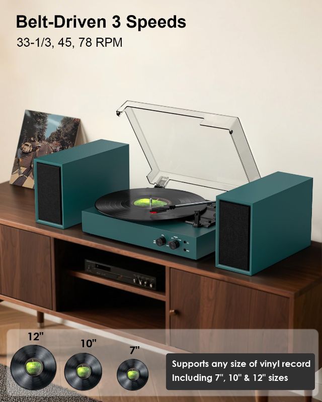 Photo 1 of Record Player with Speakers and USB Encoding, Belt Driven Bluetooth Vintage Vinyl LP Turntable with 20W Power External Speakers, 3 Speed 3 Size, Auto Stop, Dust Cover, RCA/AUX, Green