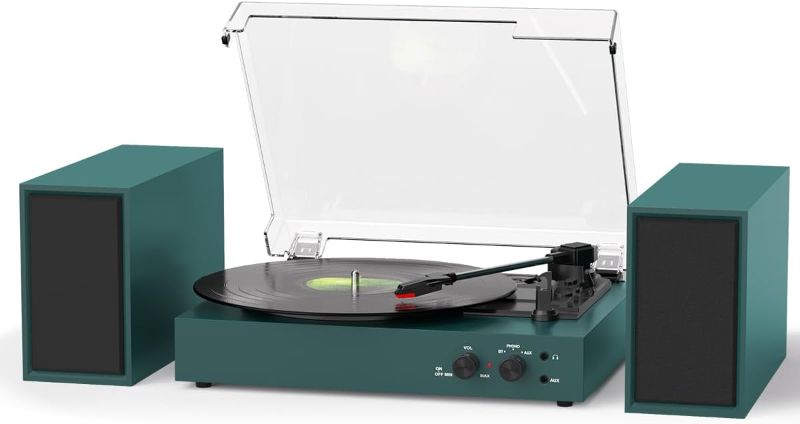 Photo 1 of Record Player with Speakers and USB Encoding, Belt Driven Bluetooth Vintage Vinyl LP Turntable with 20W Power External Speakers, 3 Speed 3 Size, Auto Stop, Dust Cover, RCA/AUX, Green