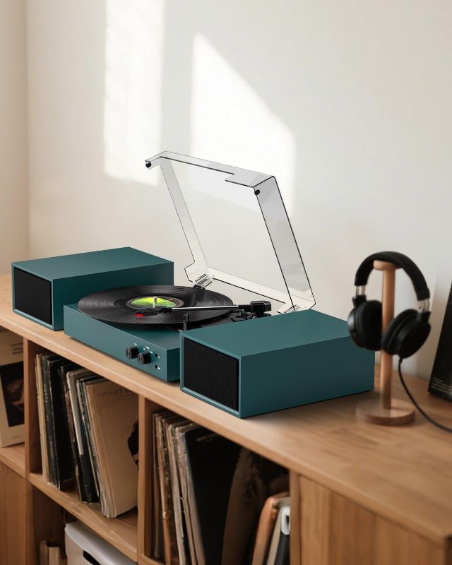 Photo 1 of Record Player with Speakers and USB Encoding, Belt Driven Bluetooth Vintage Vinyl LP Turntable with 20W Power External Speakers, 3 Speed 3 Size, Auto Stop, Dust Cover, RCA/AUX, Green